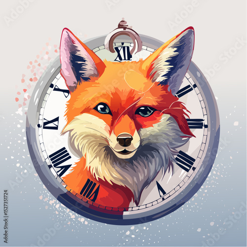 A cheeky fox face framed in a bold vintage clock, full of color and character—great for standout t-shirt graphics.