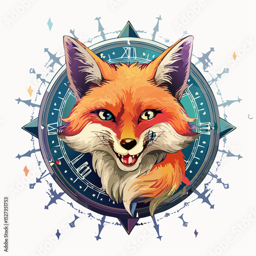A cheeky fox face framed in a bold vintage clock, full of color and character—great for standout t-shirt graphics.