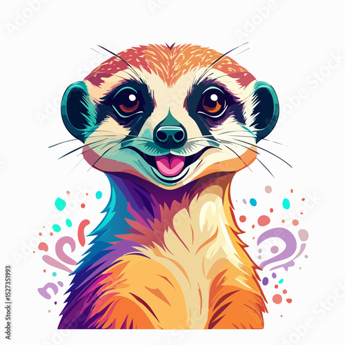 A cheerful and colorful meerkat portrait with big eyes and vibrant fur, perfect for playful t-shirt designs that stand out.