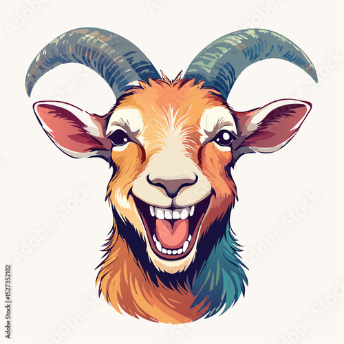 A wild and goofy goat with exaggerated grin and curled horns, bursting with personality—ideal for quirky, eye-catching t-shirt art.