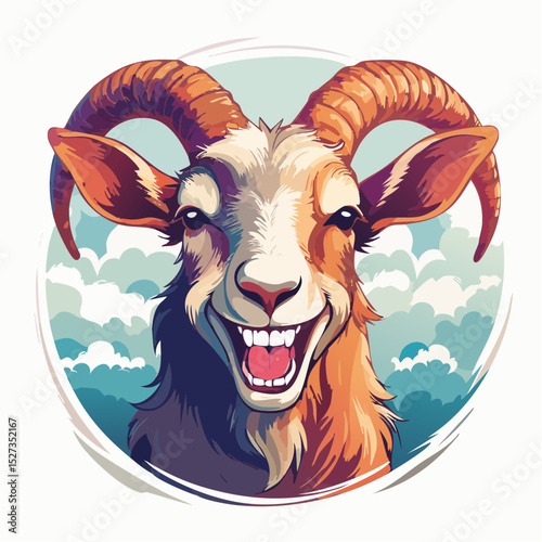 A wild and goofy goat with exaggerated grin and curled horns, bursting with personality—ideal for quirky, eye-catching t-shirt art.