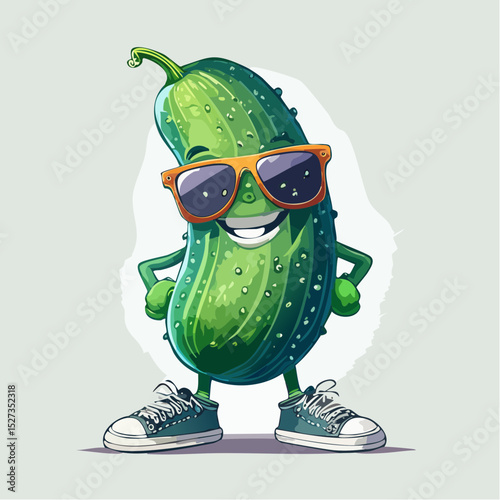 A funny pickle character in cool sneakers and sunglasses, striking a cheeky pose—perfect for playful t-shirt prints