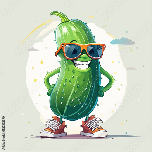 A funny pickle character in cool sneakers and sunglasses, striking a cheeky pose—perfect for playful t-shirt prints