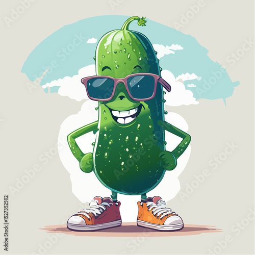 A funny pickle character in cool sneakers and sunglasses, striking a cheeky pose—perfect for playful t-shirt prints
