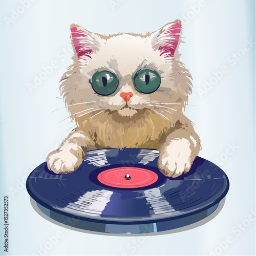 Adorable fluffy cats spinning vinyl records like DJs—fun, music-themed t-shirt art with a retro twist.