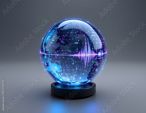 digital transparent sphere with moving dots and sound waves rotating on black background, subject at bottom, copy space at top.