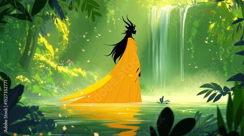 A woman with black horns and flowing robes standing in a pond, the mist from the nearby waterfall swirling around her, with vibrant greenery framing the scene.