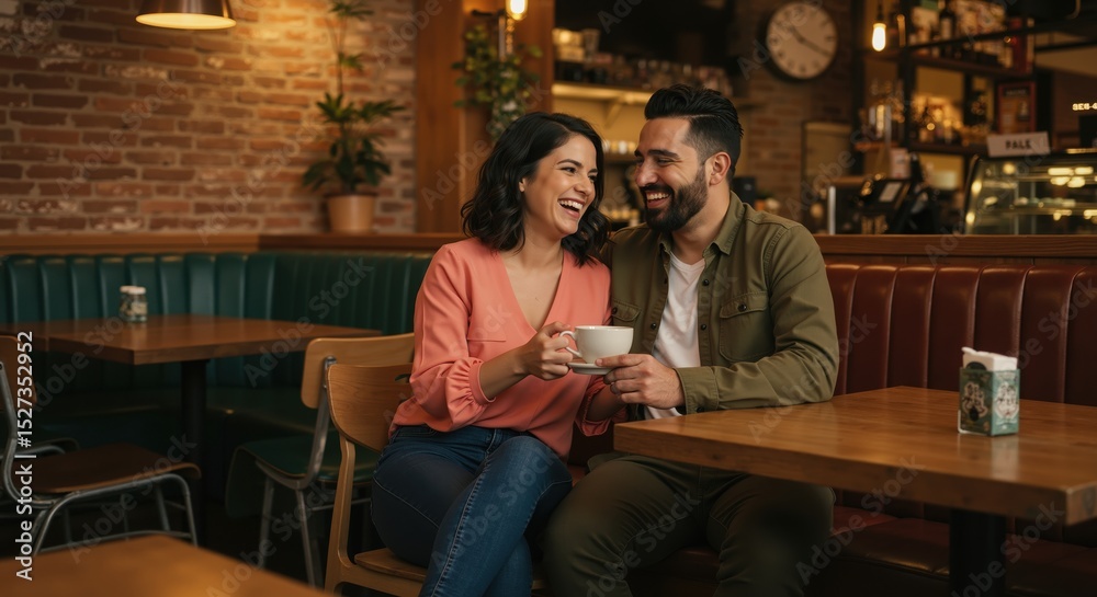 Fototapeta premium Smiling couple sharing coffee together at a cozy café table