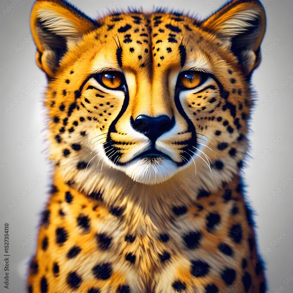 Obraz premium A cheetah with striking orange eyes and prominent tear marks looking directly at the viewer against a plain background