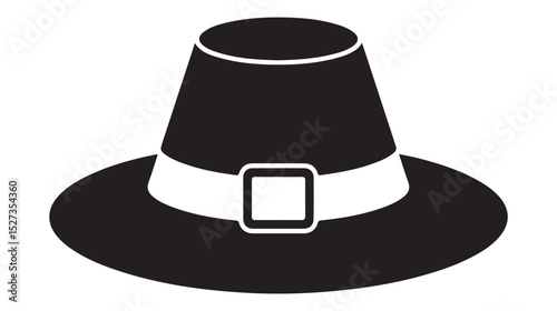 Black and white vector illustration of a classic pilgrim hat icon on white background