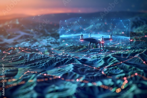 AI drone flying over a digital Earth landscape, scanning terrain with laser grids, futuristic environmental monitoring
