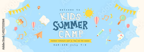 Cute and colorful kids summer camp banner with cartoon icons of outdoor activities and fun learning theme