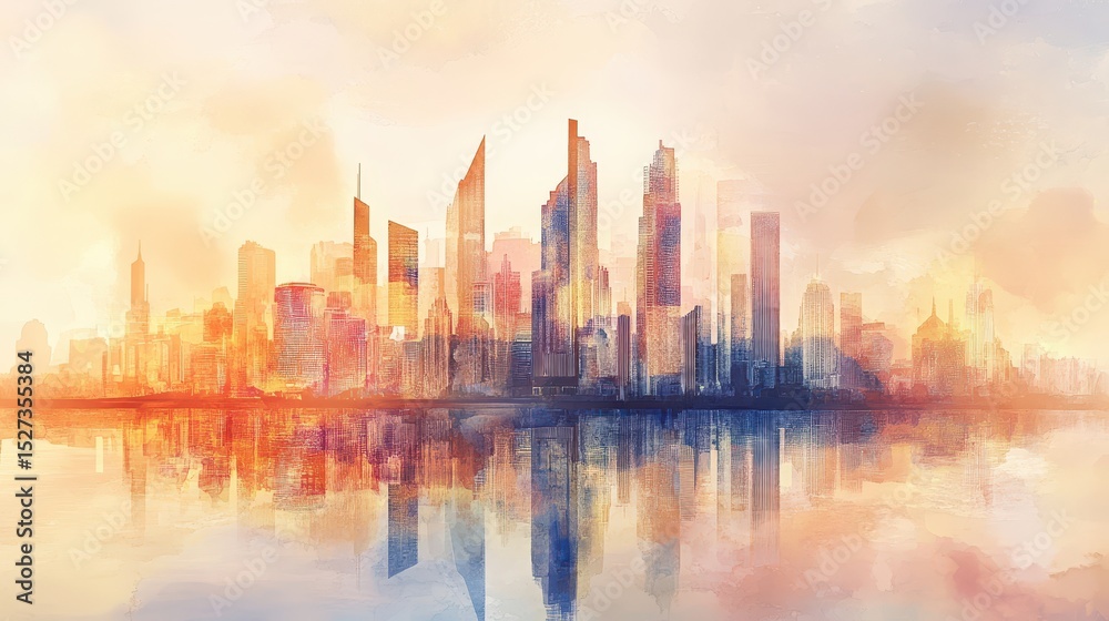 Obraz premium Stunning Abstract Cityscape at Dusk with Reflective Waterscape Capturing the Beauty of Urban Architecture in a Dreamlike Color Palette