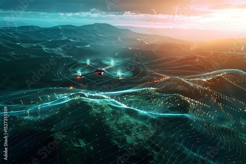 AI drone flying over a digital Earth landscape, scanning terrain with laser grids, futuristic environmental monitoring
