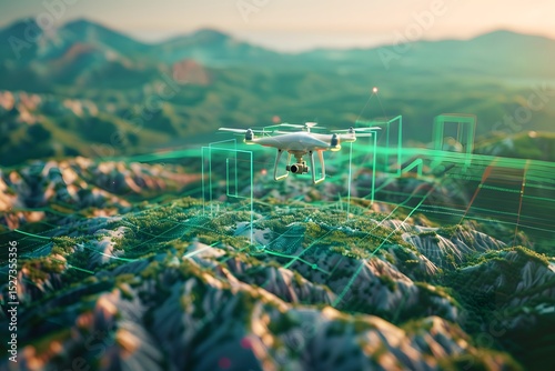 AI drone flying over a digital Earth landscape, scanning terrain with laser grids, futuristic environmental monitoring
