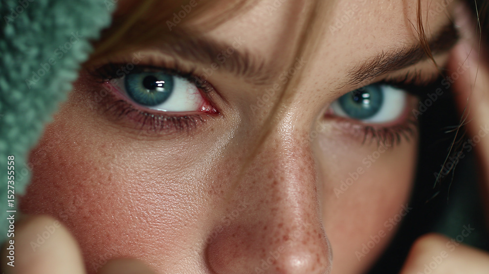 Fototapeta premium Intimate portrait of a woman's face, with focus on eyes and skin details, close-up shot