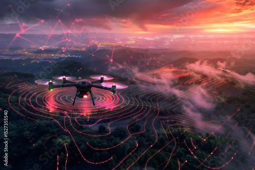 AI drone flying over a digital Earth landscape, scanning terrain with laser grids, futuristic environmental monitoring
