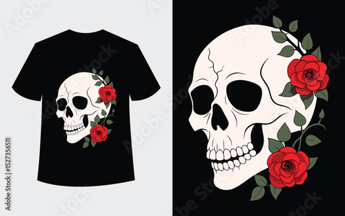 Black T-Shirt Design with Skull and Red Roses
