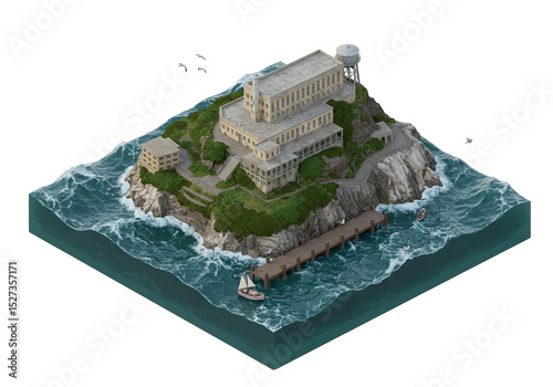 Photography Isometric View of Alcatraz Island: A Detailed 3D Render Capturing the Historic P