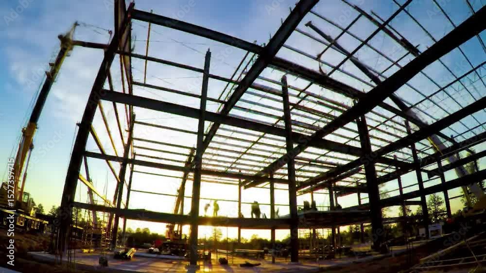 Steel Frame Building Construction at Sunset with Crane and Workers on Site Steel Frame Building Construction at Sunset with Crane and Workers on Site