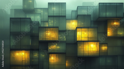 Cubic glass units stacked asymmetrically create mesmerizing urban scene at dusk