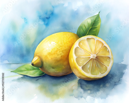 lemon and lemon slice watercolor on white background