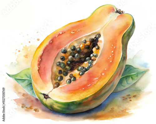 papaya with seeds vibrant watercolor on white background