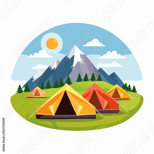 mountain climbers' tents set up in a field on top of a mountain