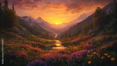 A Breathtaking Sunset Over a Vibrant Mountain Valley Filled with Colorful Wildflowers, Streams, and Lush Greenery, Bathed in Golden Light