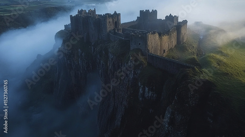 Majestic fortified castle on rugged cliffside shrouded in morning mist