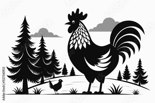 Majestic Rooster and Chick in a Rural Landscape Silhouette
