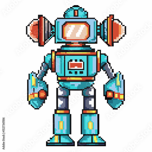 Pixel art robot with antennae and screen face retro futuristic technology concept in vibrant colors