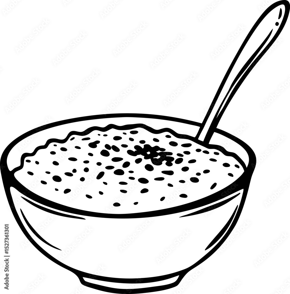 Oatmeal bowl illustration black and white, simple design, breakfast, healthy food, spoon Oatmeal bowl illustration black and white, simple design, breakfast, healthy food, spoon