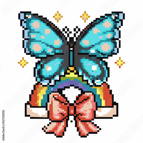 Pixel art butterfly with rainbow and bow retro digital illustration with vibrant patterns