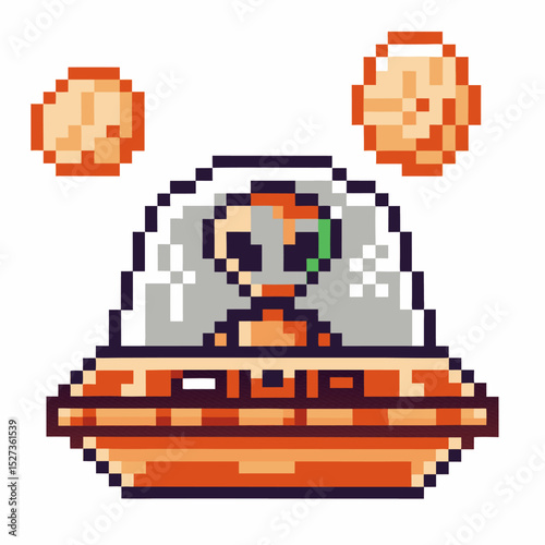 pixel art alien in flying saucer exploring space with planets in retro video game