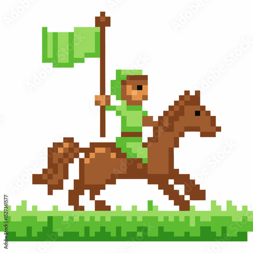 Pixel art knight green banner bearer on brown horse exploring adventure