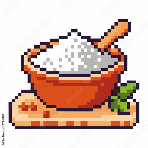 pixel art bowl of rice with wooden spoon, herbs, and spices on a wooden board
