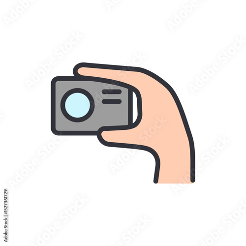 Hand Holds Up An Action Camera For Photography In Vector Style