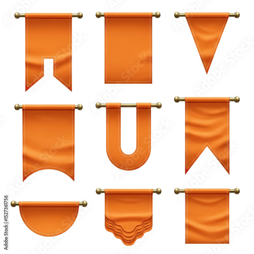 Collection of Ornate Orange Banners and Pennants with Golden Rods for Medieval Decoration, Historical Illustrations and Graphic Designs, Isolated on Black Background