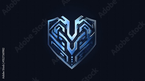 Futuristic shield logo.  Intricate circuit design on a heart-shaped metallic shield