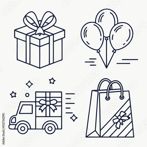Celebration Icons Gift Box, Balloons, Delivery Truck, Shopping Bag - Line Art Vector Illustrations
