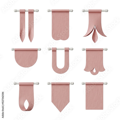 Collection of Decorative Pink Fabric Banners and Pennants: A Versatile Set of Cloth Emblems and Wall Hangings for Various Design Applications and Event Decorations