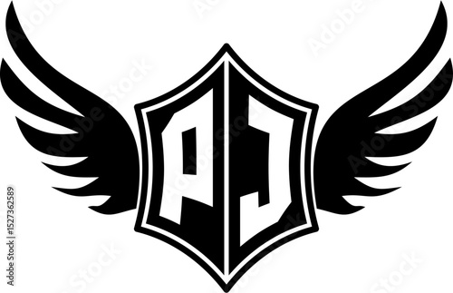 PJ logo emblem with winged and shield template