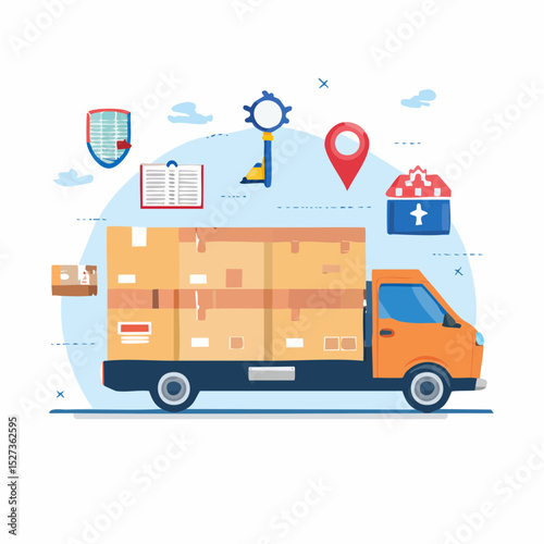 Flat Icon Design Delivery Truck with Packages, Illustrating Shipping, Logistics, and Courier Services