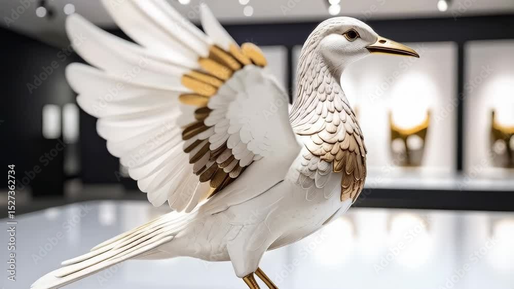 Elegant white and gold bird figurine with outstretched wings displayed in a gallery, embodying artistry and sophistication.