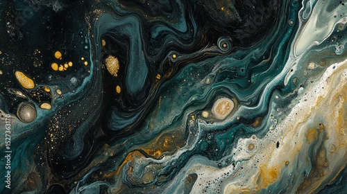 Abstract fluid art swirls in dark teal, gold, and white.  Intricate patterns and textures