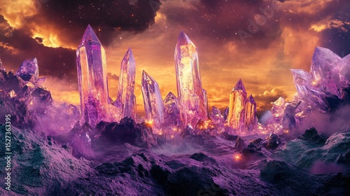 Crystal city in a fiery sunset.  Vast, luminous crystals form a surreal, otherworldly landscape