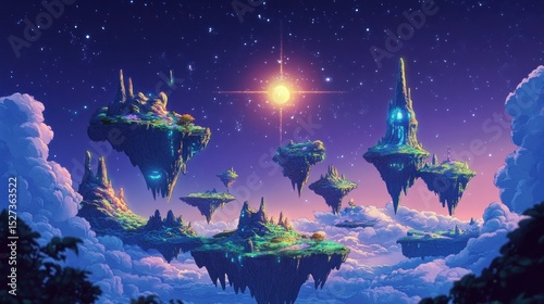 Floating islands in a starry night sky. Lush, vibrant landscapes on islands suspended in clouds. A radiant sun shines brightly