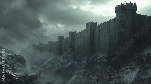majestic fortress wall stretches across windswept ridge, evoking sense of mystery and strength