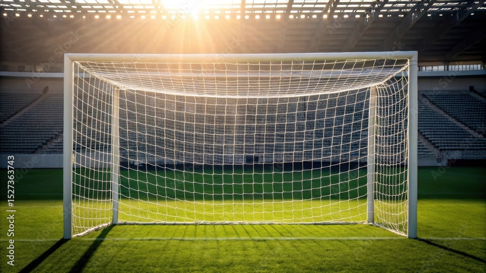 Fototapeta premium Soccer goal illuminated by sunlight in an empty stadium, showcasing a serene sports atmosphere.